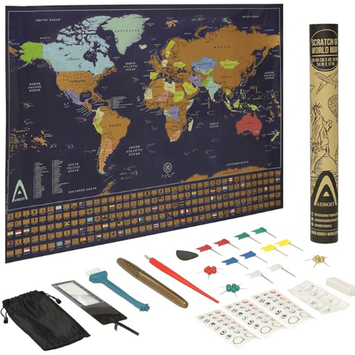Colorful scratch-off world map travel gift with countries revealed, perfect for dads tracking their adventures.
