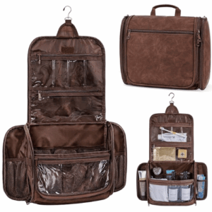 Stylish leather toiletry bag for men, spacious dopp kit travel gift for dads who pack light and smart.