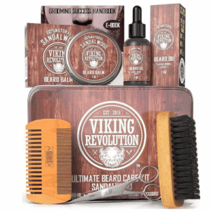 Compact beard grooming kit for travel with scissors, comb, and oil — a great gift for bearded dads on the go.