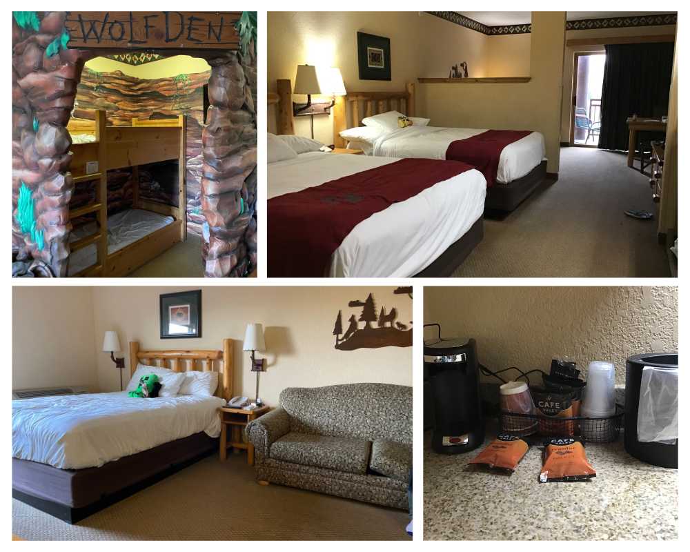 A collage of room photos at Great Wolf Lodge in Traverse City, Michigan