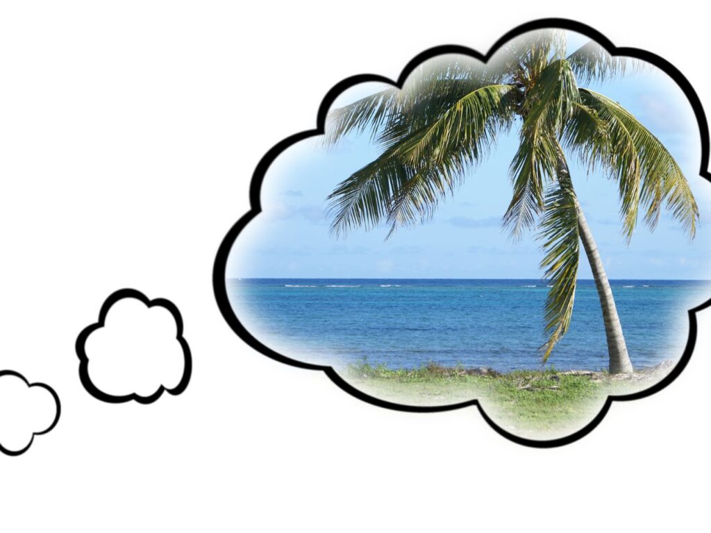 Dreaming of travel. A dream cloud with a palm tree and ocean.