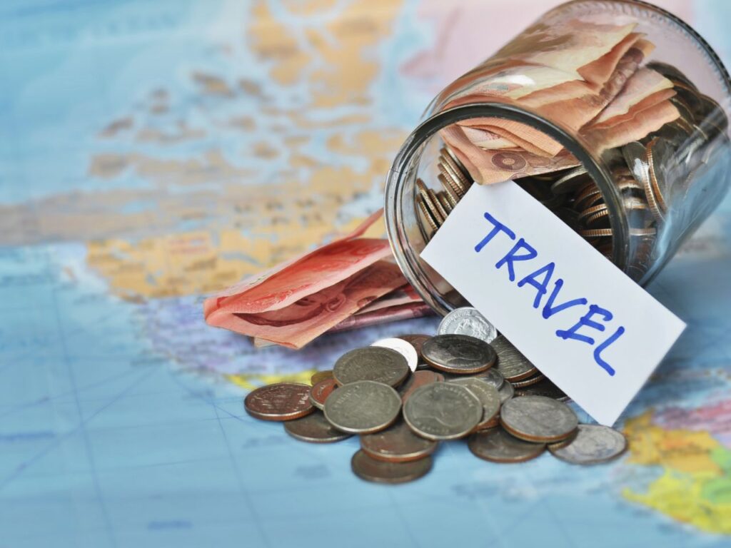 A map with a jar of coins and a note that says "travel".