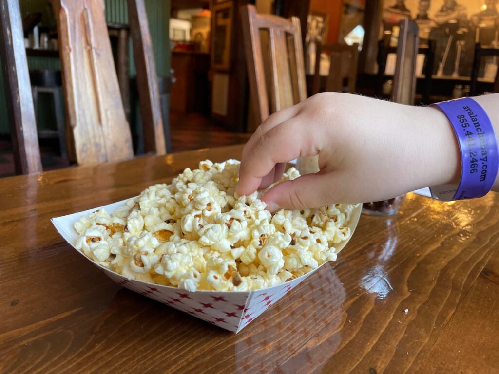 Enjoying popcorn at the Trophy Room Pub & Pizzeria at Boyne Mountain Resort.