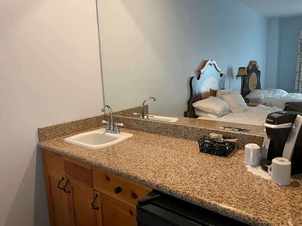 Wet bar area in room at Boyne Mountain's Mountain Grand Lodge and Spa.