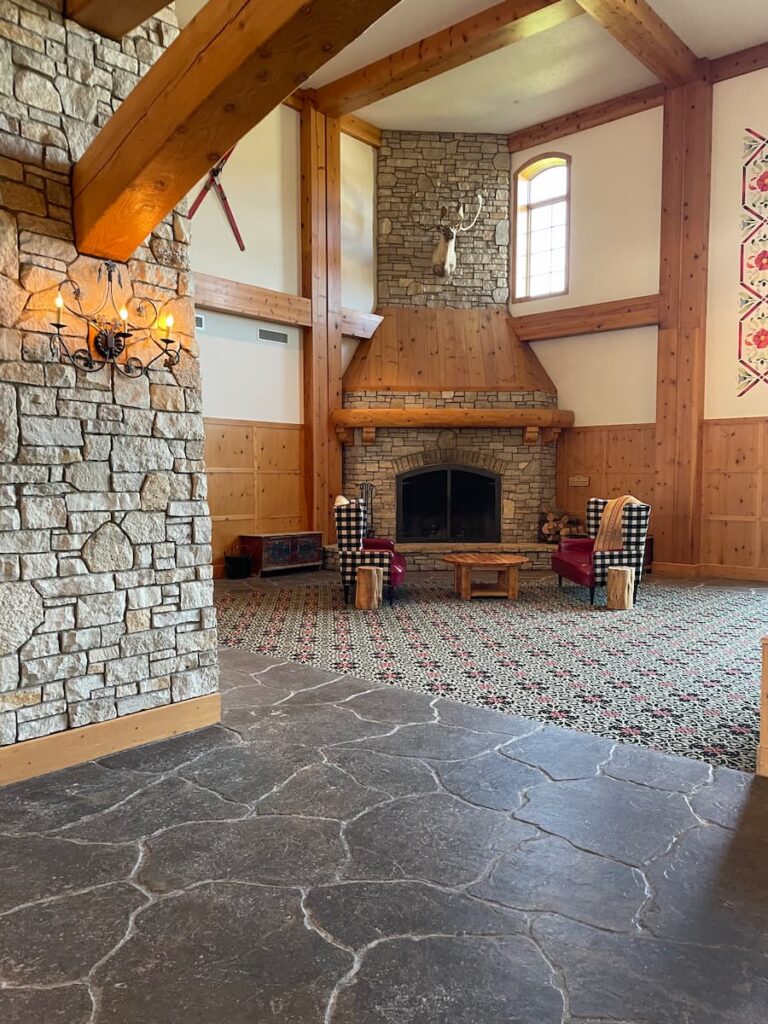 Fireplace in lounge at Boyne Mountain Resort.