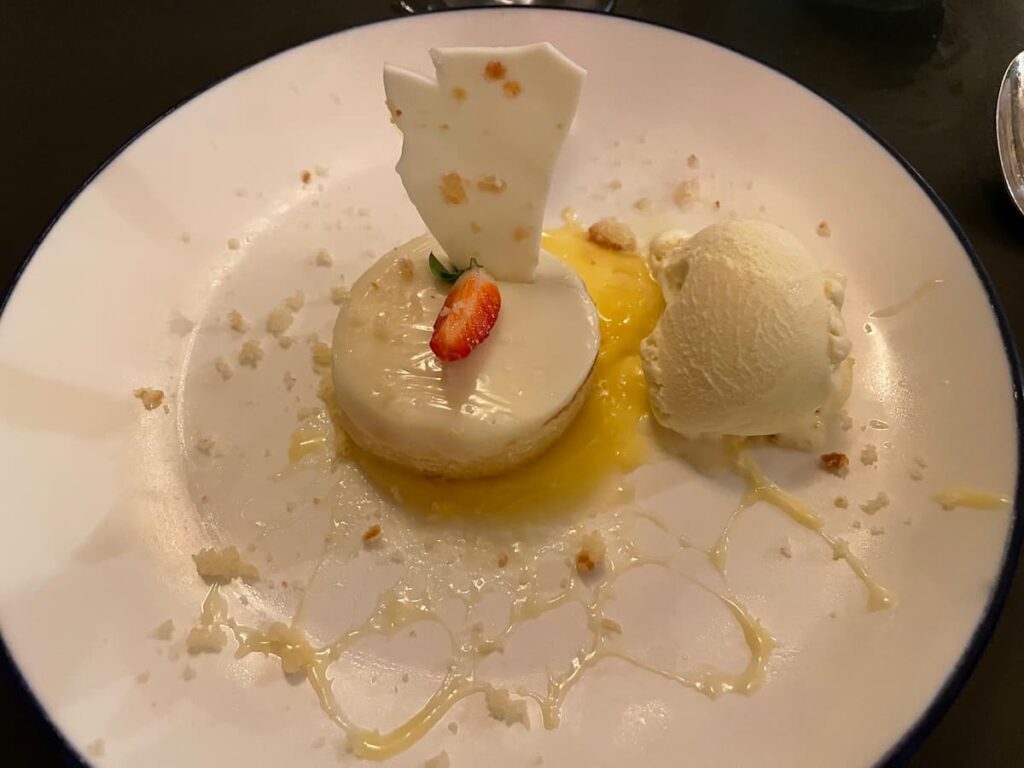 Beautifully plated gourmet dessert with layered mousse, fruit garnish, and artistic chocolate accents.